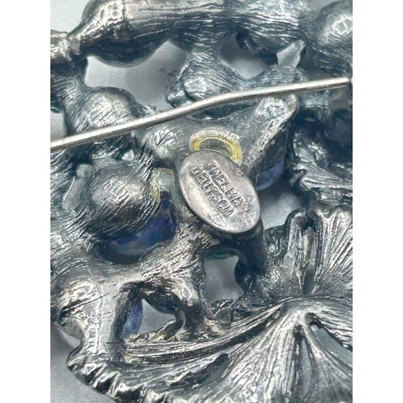 THELMA DEUTSCH Purple Pearls Grape Cluster Brooch Pin Borealis Aqua Rhinestones - Picture 8 of 11